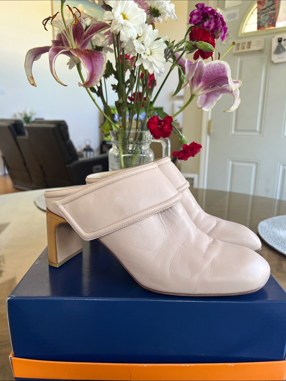 rag & bone Pale Pink Fold-Over Leather Mules with Block Heel